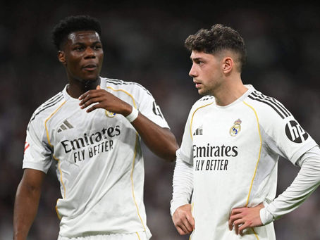 Real Madrid midfielders Aurélien Tchouaméni and Federico Valverde during a match amid reports of dressing room tension ahead of El Clásico