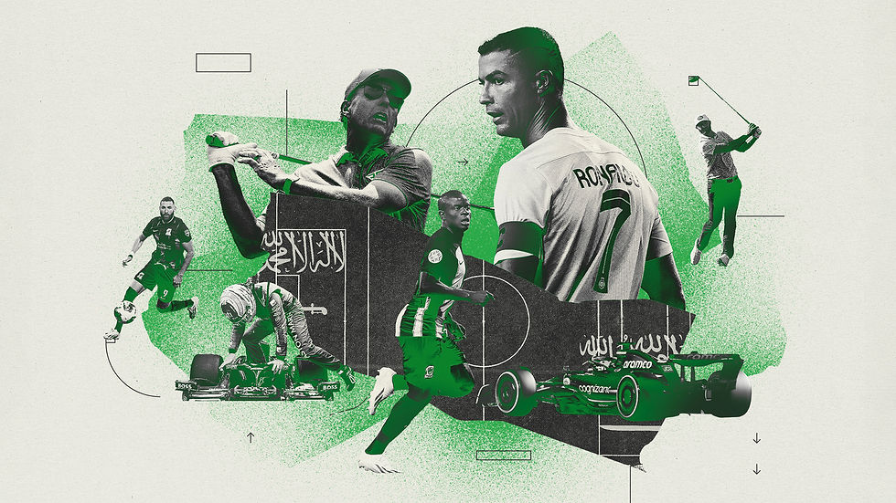 Graphic featuring Cristiano Ronaldo, Formula 1, golf, and football representing the rapid growth of sports and global investment in Saudi Arabia