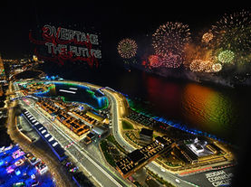 Fireworks and lights above the Jeddah Corniche Circuit during the Saudi Arabian Formula 1 Grand Prix at night