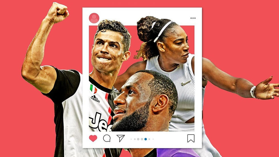 Cristiano Ronaldo, Serena Williams, and LeBron James featured in a social media themed graphic highlighting the influence athletes have through digital platforms