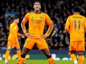 Jude Bellingham reacts during Real Madrid’s 3–2 win over Manchester City at the Etihad Stadium in the Champions League