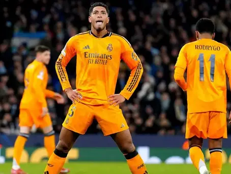Jude Bellingham reacts during Real Madrid’s 3–2 win over Manchester City at the Etihad Stadium in the Champions League