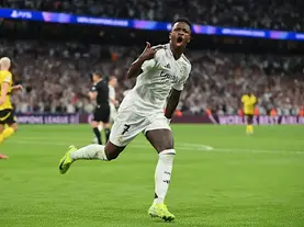 Vinícius Jr. celebrating after scoring for Real Madrid against Borussia Dortmund at the Santiago Bernabéu