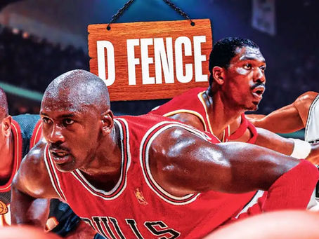 Legendary NBA defenders Michael Jordan, Tim Duncan, and Dikembe Mutombo featured in a graphic celebrating the importance of defense in basketball history