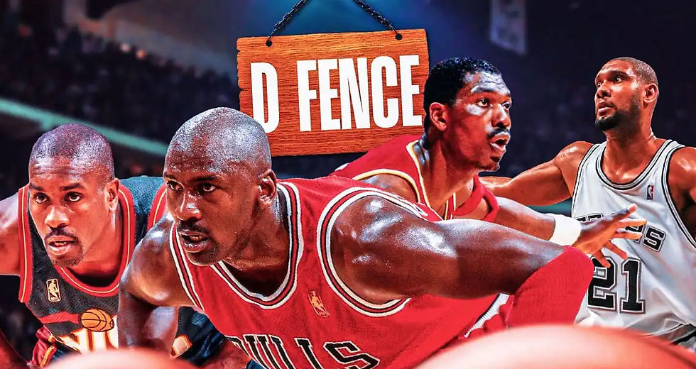 Legendary NBA defenders Michael Jordan, Tim Duncan, and Dikembe Mutombo featured in a graphic celebrating the importance of defense in basketball history