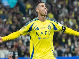 Cristiano Ronaldo celebrating for Al Nassr during a Saudi Pro League match in Saudi Arabia