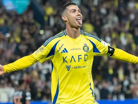Cristiano Ronaldo celebrating for Al Nassr during a Saudi Pro League match in Saudi Arabia