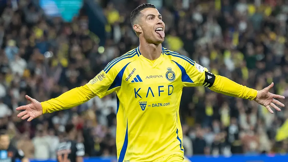 Cristiano Ronaldo celebrating for Al Nassr during a Saudi Pro League match in Saudi Arabia