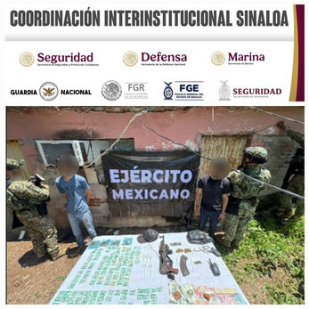 En Culiacán, el Grupo Interinstitucional asegura a 2 civiles, armas, cargadores, cartuchos, presuntas drogas, un radio y efectivo.