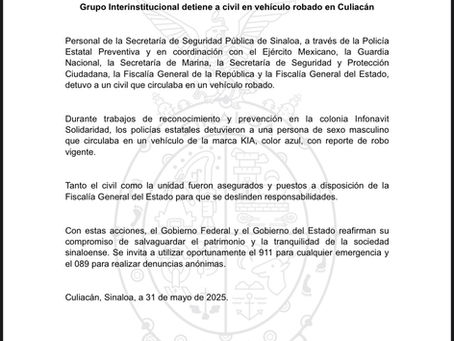 Grupo Interinstitucional detiene a civil en vehículo robado en Culiacán