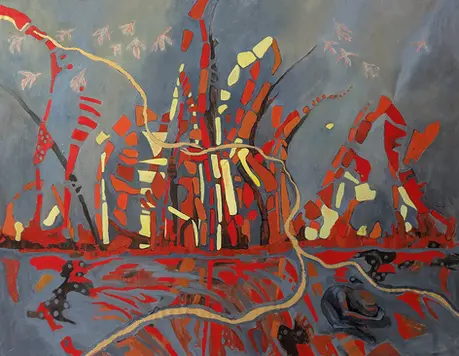 This acrylic painting is part of the Red Decline series and is titled Étreinte Embrasée (Blazing Embrace)