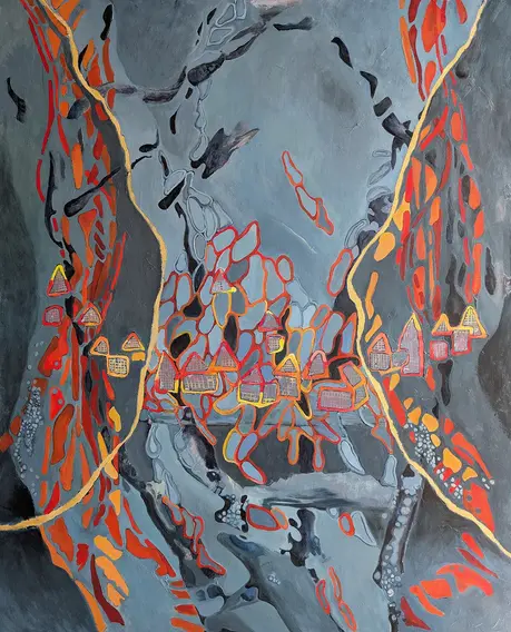 Acrylic painting titled Incandescent Fall, part of the Red Decline series.