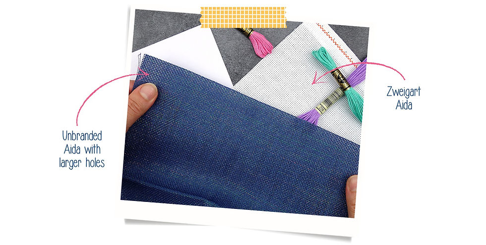 A piece of Zweigart Aida fabric and an unbranded dark blue Aida fabric showing that the holes are larger in the unbranded fabric