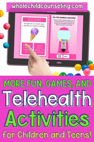 Tablet with finger tapping a screen featuring a game about gratitude. Bright gumballs surround. Text: More Fun, Games, and Telehealth Activities.