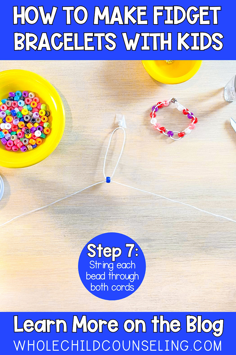 Beads and a bracelet on a table with text instructions: Step 7, string beads through cords. Vibrant colors and blue text banner.