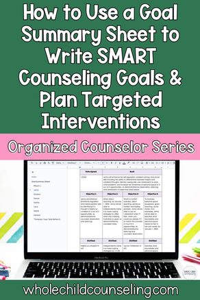 Green and pink text on creating SMART counseling goals, with a laptop displaying a goal summary sheet. website: wholechildcounseling.com.
