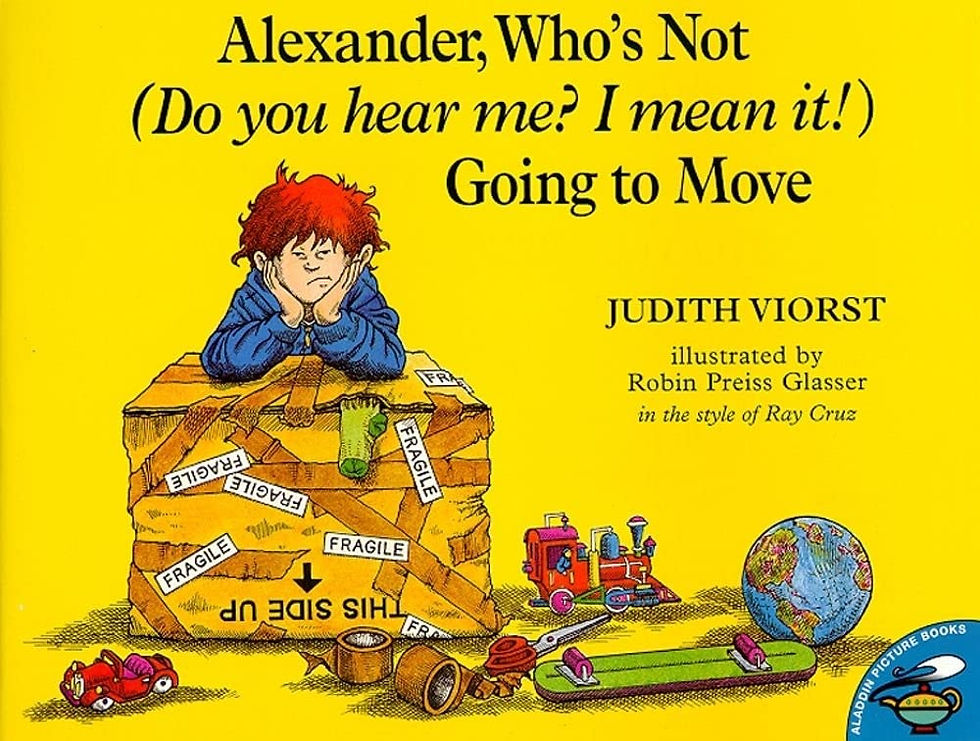 A boy with red hair looks sad, leaning on a labeled box. Toys and a globe surround him. Bright yellow background with book title.