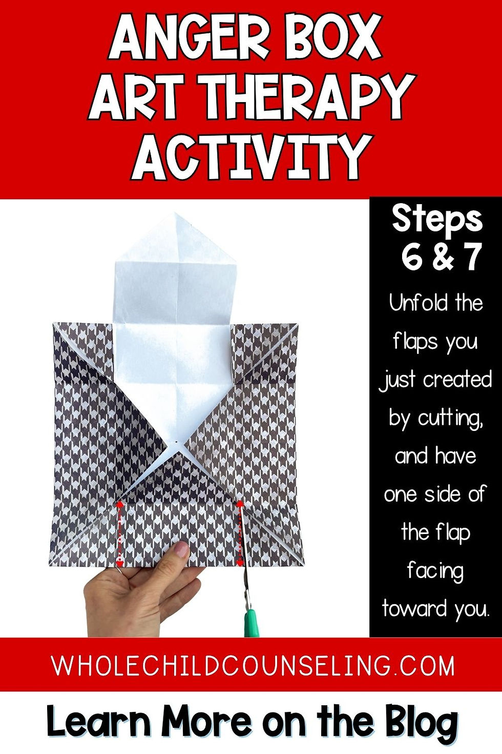 Hands folding patterned paper for art therapy. Red text reads "Anger Box Art Therapy Activity." Instructions are on the right.