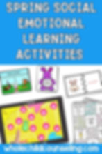 Spring social emotional learning activities text with colorful educational images and a tablet displaying a candy hunt game. Wholechildcounseling.com.