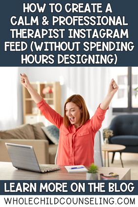 Woman in red shirt cheers at laptop in cozy room. Text: How to create a calm & professional therapist Instagram. Learn more on the blog.
