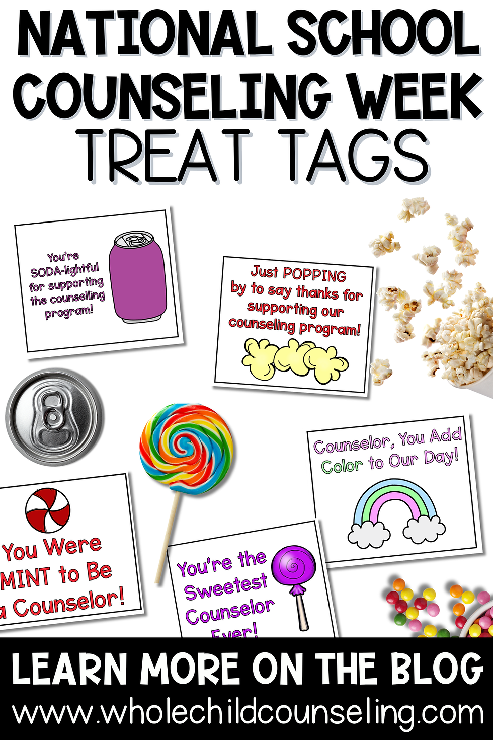 National School Counseling Week treat tags with playful messages, candy, soda, and popcorn images. Black, white, and colorful design.