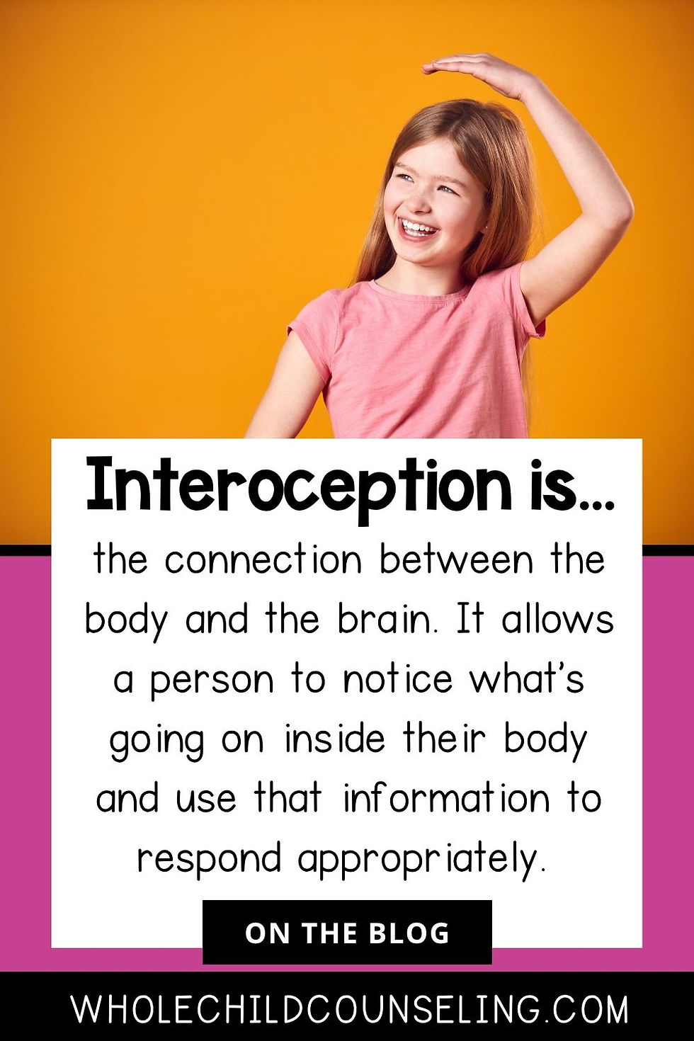 Smiling girl in a pink shirt touches her head against an orange background. Text: Interoception definition, WholeChildCounseling.com.