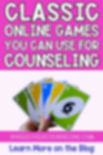Hands hold colorful game cards on pink background. Text: "Classic Online Games for Counseling," "WHOLECHILDCOUNSELING.COM," "Learn More on the Blog."
