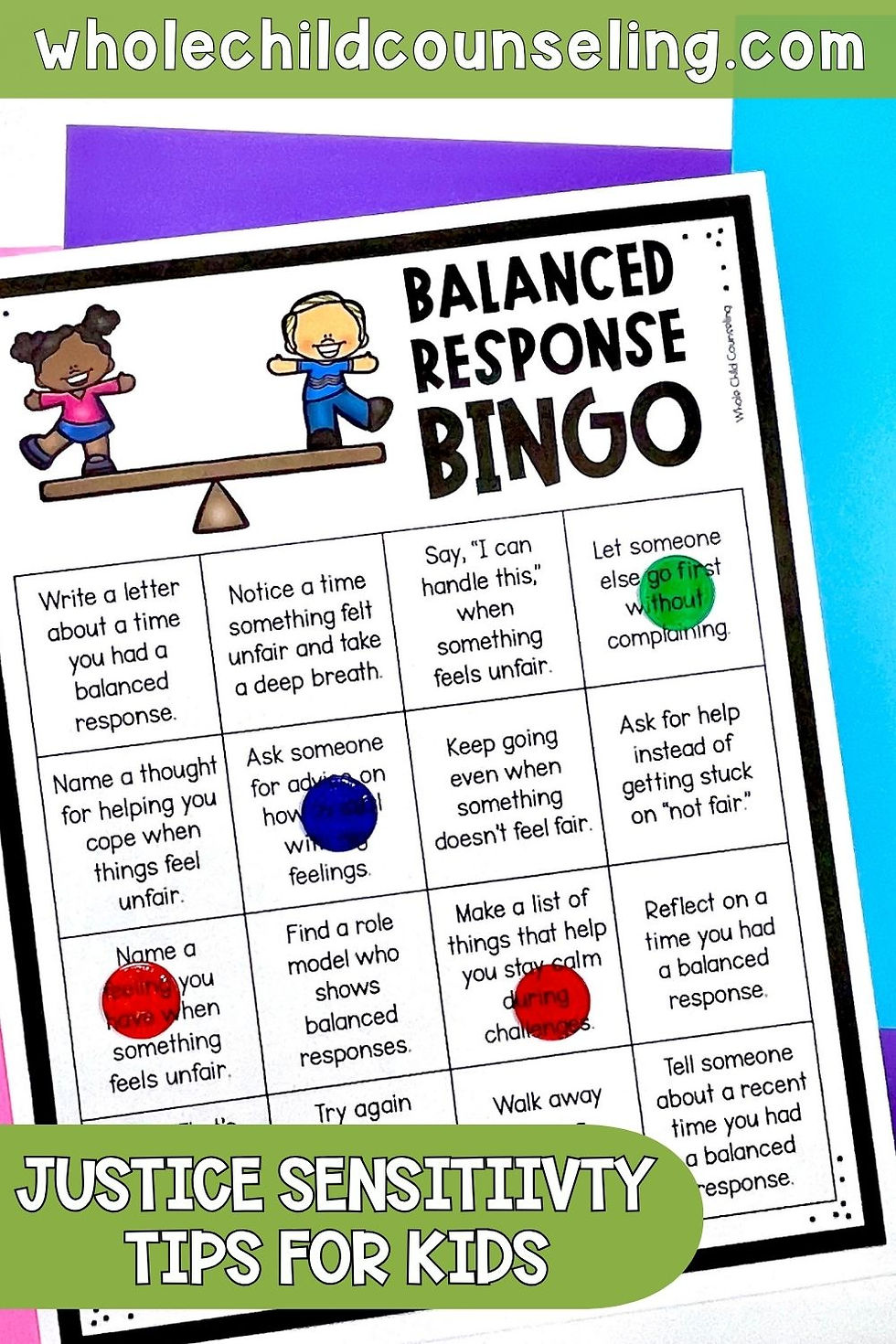 Bingo card titled "Balanced Response Bingo" on a colorful background. Features tips for kids on justice sensitivity with circled spots.