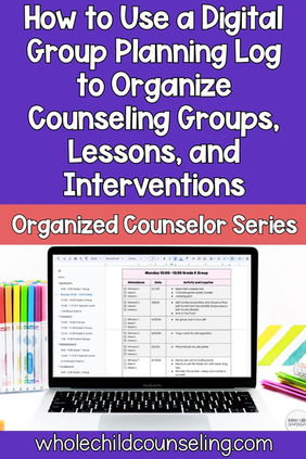 Laptop displaying a digital counseling log on a desk with colorful markers. Text on organizing counseling groups overlaying a purple background.