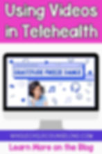 Computer screen displays "Gratitude Freeze Dance" with a girl in blue. Pink and white text above reads "Using Videos in Telehealth".