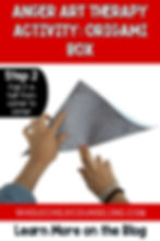 Hands folding patterned paper for an origami box. Text: "Anger Art Therapy Activity: Origami Box" and "Step 2." Red and black accents.