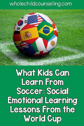 Poster with a soccer ball covered in world flags on grass and text: wholechildcounseling.com and What Kids Can Learn From Soccer