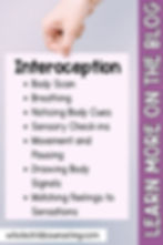 Hand holding a pink sign with interoception tips. List includes body scan, breathing, and more. Side text says "Learn More on the Blog."