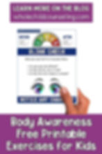 Hand holds a Blink Check body-awareness printable with eye icons, before/after chart, and text on a purple Kids exercises poster.