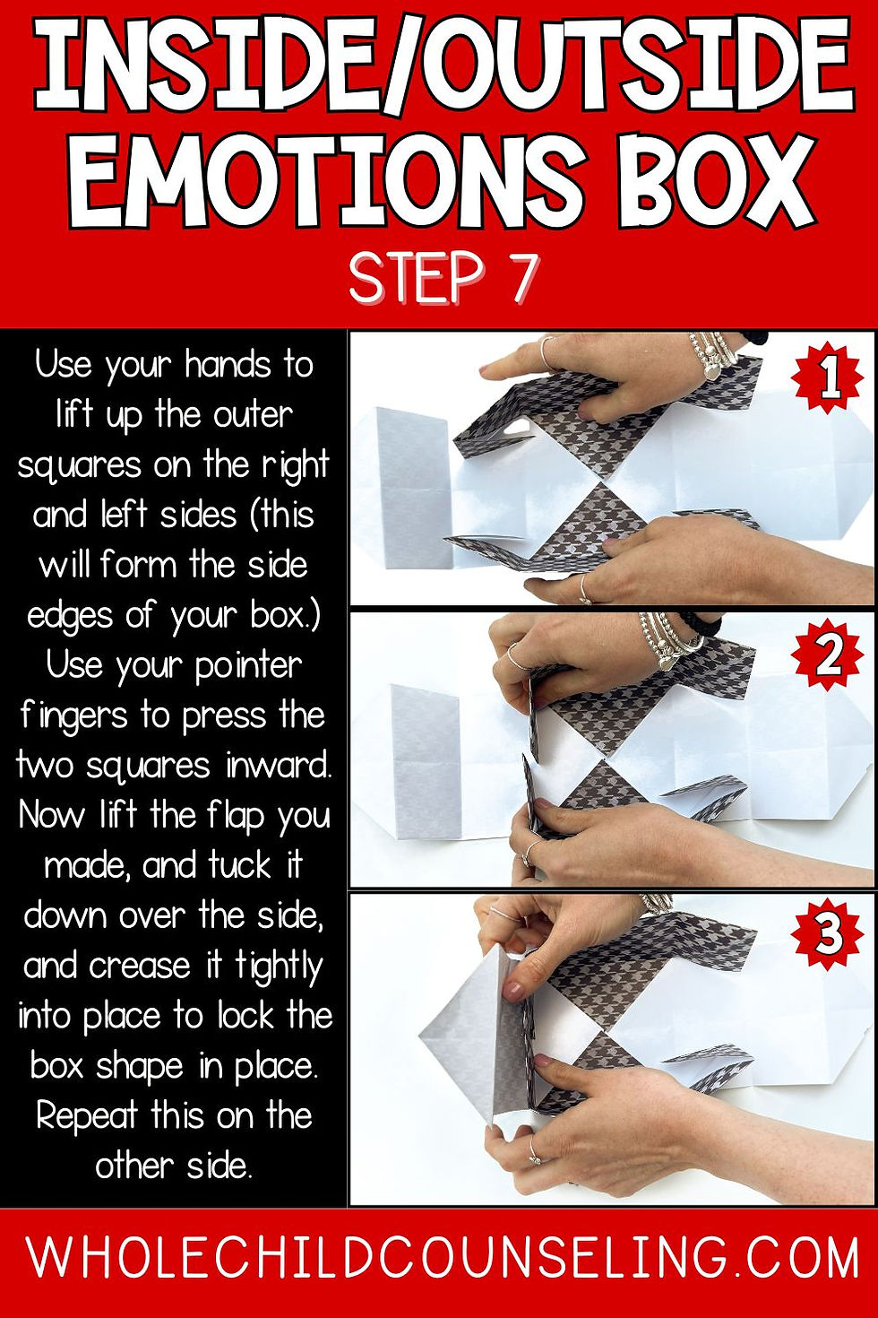 Hands folding a box from patterned paper. Instructions and steps 1-3 visible. Background mostly white with red and text detailing steps.