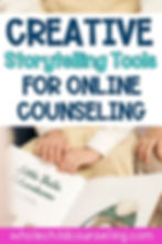 Child reading "Little Belle Adventures," hands visible. Text reads "Creative Storytelling Tools for Online Counseling." Bright, inviting design.