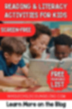 Smiling kids reading together on colorful mat. Text: "Reading & Literacy Activities for Kids, Screen-Free, Free Printable List."