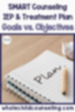 Notebook with "Plan" written, pencil on page, crumpled paper nearby. Text: "SMART Counseling IEP & Treatment Plan Goals vs. Objectives."