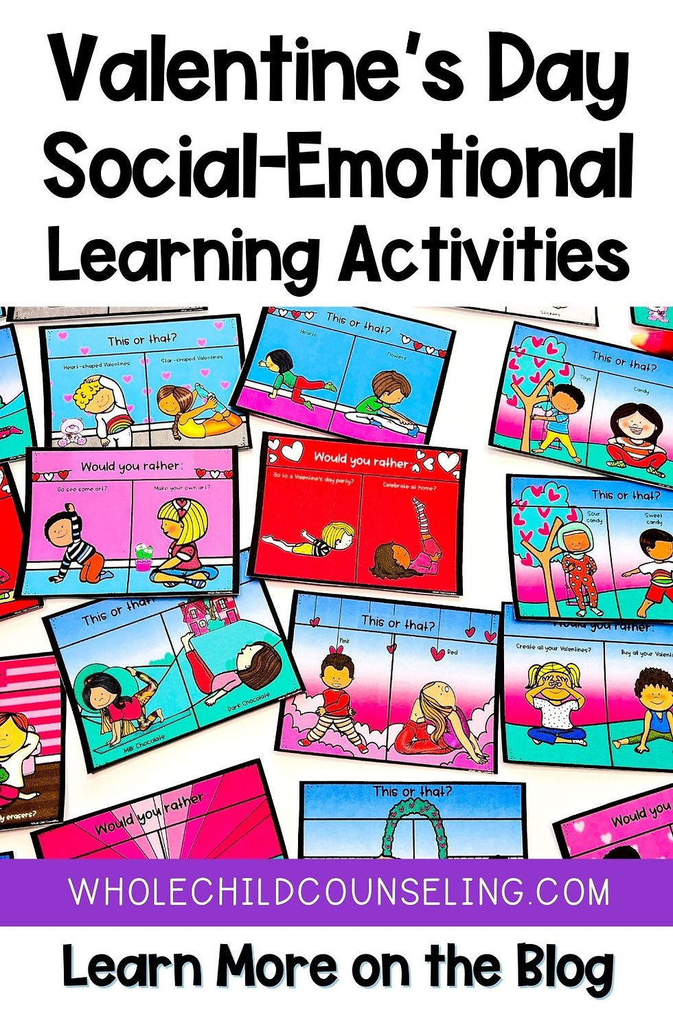 Colorful Valentine's Day activity cards with kids, text like "This or that?" and "Would you rather?", set against a vibrant background.