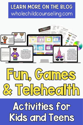 Blog promo image with computers displaying colorful activities for kids. Text reads "Fun, Games & Telehealth" and "wholechildcounseling.com".