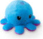 Blue plush octopus with a sad face, black eyes, and purple highlights on tentacles. White background, playful yet gloomy expression.