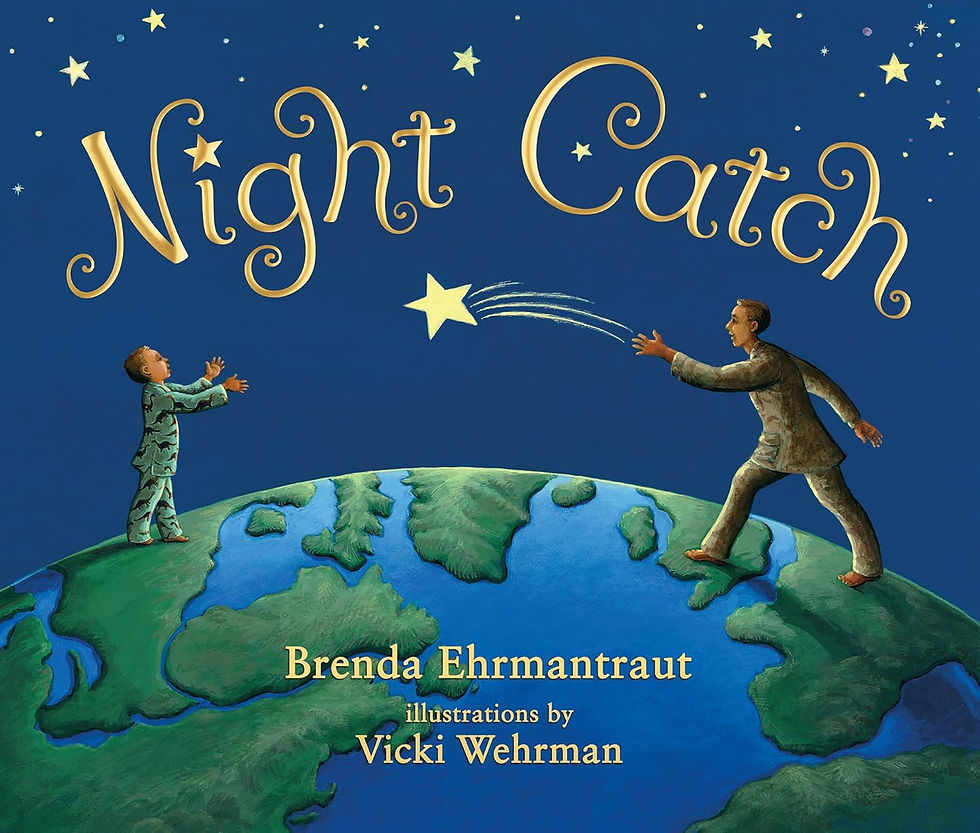 Two people on Earth toss a star under a starry sky. Title "Night Catch" and credits are displayed. Blue and green colors dominate.