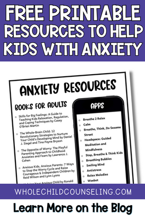 Guide titled "Free Printable Resources to Help Kids with Anxiety" shows a list of books and apps for anxiety relief. Links to a blog.