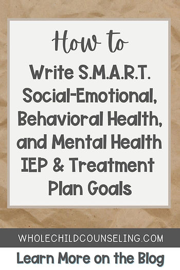 Text on a brown paper background reads, How to Write S.M.A.R.T. Social-Emotional, Behavioral Health, and Mental Health IEP & Treatment Plan Goals.