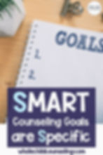 Notebook on a wooden desk with "GOALS" written on it. Text overlay: "SMART Counseling Goals are Specific" with website link.