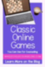 Laptop with chess game, coffee cup, and text "Classic Online Games You Can Use for Counseling." Bold colors and playful mood.