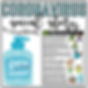 Coronavirus educational graphic with "germ blaster" sanitizer, text about the virus, and cartoon figures. Blue and white colors dominate.