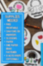 Craft supplies list on a blue background with a feelings wheel activity nearby. Crayons are present. Text includes supplies like paper and scissors.