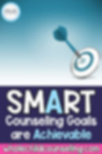 Blue dart hitting bullseye on target. Text: SMART Counseling Goals are Achievable. Background gradient blue to white. Wholechildcounseling.com.
