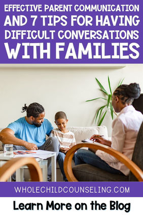 Dad and son talk with a counselor on a couch. Bright room, green plant. Text on image about parent communication tips.